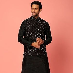 NWT Black and Silver Nehru Vest Jacket, Sequins work hand embroidery, Sz L 42